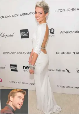  ?? | JAMIE MCCARTHY~GETTY IMAGES ?? Miley Cyrus, 20, is being advised by family members to hold off on marrying Liam Hemsworth (inset).