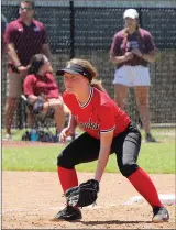  ?? Photograph­s courtesy of Samantha Huffman ?? Senior Emily Beck prepares to catch a grounder Friday in the Final Eight game in Morrilton. The Lady Blackhawks defeated the East Regional Champion Stuttgart Ricebirds 10-0 in the quarter-finals to advance to the semi-finals on Saturday.