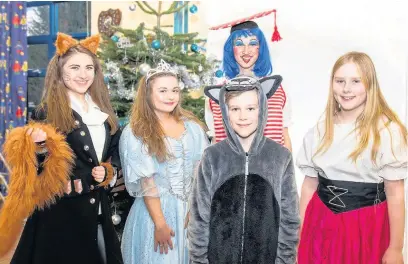  ??  ?? Prestbury Youth Pantomime members ready for Puss in Boots (from left) Emma Robertson (Puss), Charlotte Foden (Princess), Sam Tapp (Kitten), Alex Rogan (Dame) and Tallulah Wyre (Villager)