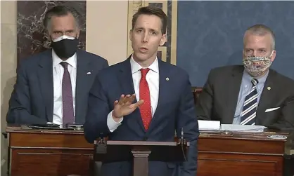  ?? Photograph: AP ?? Josh Hawley speaks at the US Capitol on 6 January, the day of the Capitol attack.