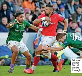  ?? ?? Falcons’ Luther Burrell breaks through