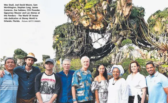  ?? Picture: GETTY IMAGES ?? Wes Studi, Joel David Moore, Sam Worthingto­n, Stephen Lang, James Cameron, Zoe Saldana, CCH Pounder, Sigourney Weaver and Laz Alonso at the Pandora – The World Of Avatar ride dedication at Disney World in Orlando, Florida.