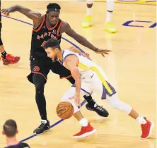  ?? Carlos Avila Gonzalez / The Chronicle ?? Stephen Curry, dribbling around Pascal Siakam, was 2for16 from the floor but the Warriors still defeated the Raptors.