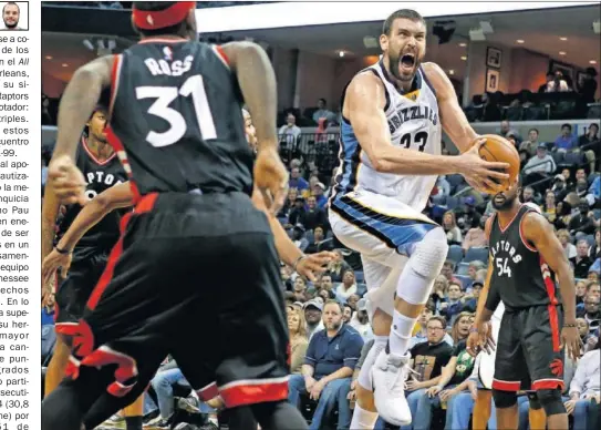  ??  ?? IMPARABLE. Marc Gasol penetra a canasta. El pívot de los Grizzlies acabó con 42 puntos y 14/25 en tiros de campo (un 56% de efectivida­d).