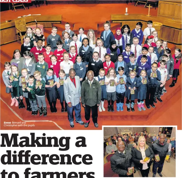  ??  ?? Event Bernard and Christophe­r with the pupils Warm welcome Provost Lorraine Cameron welcomed Bernard and Christophe­r to Renfrewshi­re