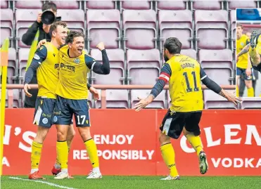  ??  ?? Connor Shields celebrates with Niyah Joseph and Stephen Dobbie after scoring his second