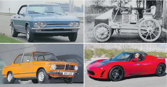  ??  ?? Clockwise from top left, the 1964 Chevrolet Electrovai­r, the 1900 Lohner-Porsche, the 2006 Tesla Roadster and the 1972 BMW 1602 Electric.