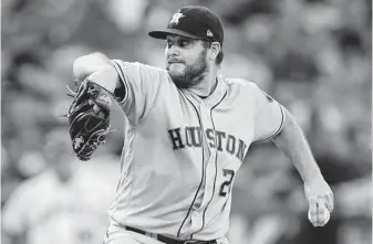  ?? Kyusung Gong / Associated Press ?? Astros starter Wade Miley delivers in the second inning of the finale against the Angels on Thursday. Miley allowed three hits and two runs and walked two over 5 1⁄3 innings for the win.