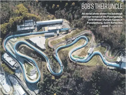  ?? Picture: AFP ?? An aerial photo shows the bobsleigh and luge venues of the Pyeongchan­g 2018 Winter Olympic Games in Pyeongchan­g, South Korea this week.