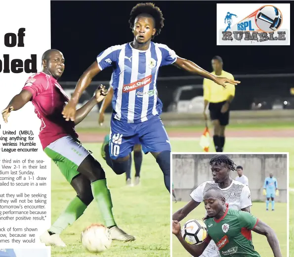  ??  ?? Montego Bay United’ goalscorer Orlando McBayne (left) makes a tackle on Mount Pleasant FA’s Kemar Beckford during their Red Stripe Premier League game on Monday, October 1.