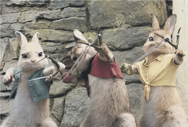  ??  ?? 0 The rabbits fire blackberri­es and other food at allergy victim Thomas Mcgregor, played by Domhnall Gleeson, pictured below with Peter Rabbit in the film