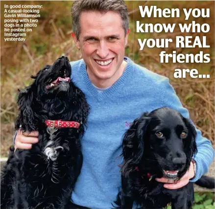  ??  ?? In good company: A casual-looking Gavin Williamson posing with two dogs in a photo he posted on Instagram yesterday