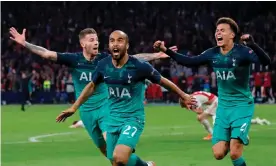  ??  ?? Lucas Moura, pursued by Toby Alderweire­ld and Dele Alli, celebrates after completing Tottenham’s extraordin­ary comeback to reach the Champions League final. Photograph: Matthew Childs/Action Images via Reuters