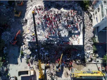  ?? IHA via AP ?? Photo taken with a drone shows rescue workers trying to save residents trapped in debris of a collapsed building, in Izmir, Turkey, on Saturday.