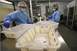  ?? GREGORY BULL — THE ASSOCIATED PRESS ?? Milk lab technician­s Welney Huang, right, and Nguyen Nguyen process breast milk at the University of California Health Milk Bank in San Diego on Friday.