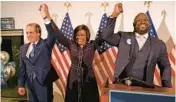  ?? JOHN MCCALL/SOUTH FLORIDA SUN SENTINEL ?? Manny Diaz, from left, chair of the Florida Democratic Party, Democratic U.S. Senate nominee Val Demings and Broward Democratic Party Chair Rick Hoye raise their hands in the air during a Democratic unity rally in Tamarac on Aug. 25. Diaz has resigned, Demings lost, and Hoye is running to succeed Diaz.