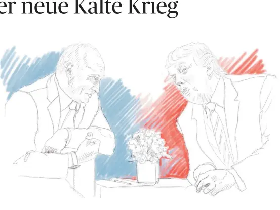  ?? [ Illustrati­on: Petra Winkler ] ?? Aus harmonisch­eren Zeiten: Illustrati­on auf Basis eines Fotos von Wladimir Putin und Donald Trump beim G20-Gipfel in Hamburg im Juli 2017.