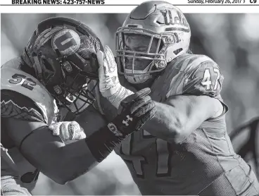  ??  ?? Eddie Vanderdoes, right, and Utah offensive tackle Sam Tevi battle during a game on Oct. 22 in Pasadena, Calif. Vanderdoes, who was a redshirt junior at UCLA last season, is giving up his senior season to pariticipa­te in the NFL combine and enter the...