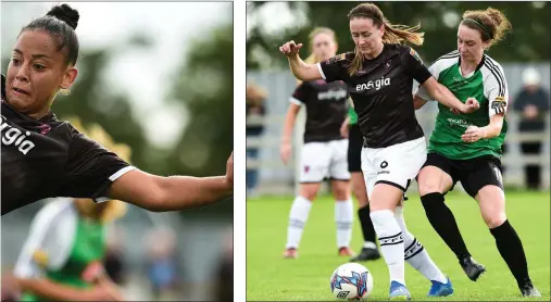  ??  ?? Kylie Murphy shields the ball from Karen Duggan of Peamount United.