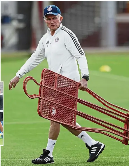  ??  ?? Hard at work: Bayern Munich coach Jupp Heynckes during a training session at the Allianz Arena yesterday. Inset: Bayern players warming up. — AP/AFP