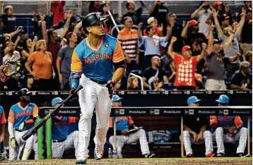  ?? JOE SKIPPER / GETTY IMAGES ?? Giancarlo Stanton has hit 46 of his 57 home runs this season batting second in the lineup.