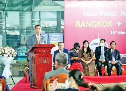  ?? FRESH NEWS ?? State Secretaria­t of Civil Aviation (SSCA) chief Mao Havannall speaks at Wednesday’s welcoming ceremony.