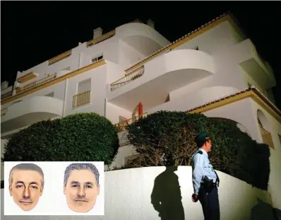  ?? PHOTO: PA ?? Crime scene: A photo from 2007 of a police officer outside the apartment at the Ocean Club Hotel in Luz where Madeleine McCann went missing. Inset, e-fit images produced by the Smith family of the man they say they saw carrying a blonde child the night Madeleine went missing.