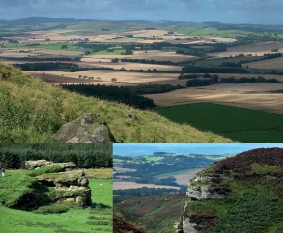  ??  ?? [Captions clockwise from top] Fife’s farmland seen from the climb on to West Lomond; John Knox’s Pulpit; The Maiden’s Bower is hollowed out of a sandstone outcrop