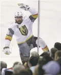 ?? TREVOR HAGAN/THE CANADIAN PRESS VIA AP ?? The Knights’ Alex Tuch celebrates after scoring against the Jets during Game 5 of the Western Conference Finals on Sunday in Winnipeg.