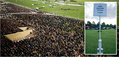  ??  ?? Safety came first with hand sanitisers provided for the huge crowd at Cheltenham race course yesterday