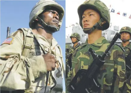  ??  ?? At left, a U.S. soldier of the 2nd Infantry Division attends a farewell ceremony Aug. 2, 2004, in Dongduchon, South Korea. At right, a soldier of the People’s Liberation Army (PLA) stands to attention on June 30, 2007, in Hong Kong, China. Will such...