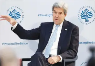  ?? (Reuters) ?? OUTGOING US Secretary of State John Kerry delivers parting remarks yesterday at the Passing the Baton conference in Washington.