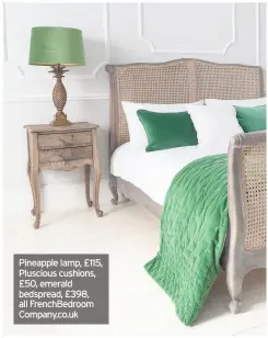  ??  ?? Pineapple lamp, £115, Pluscious cushions, £50, emerald bedspread, £398, all Frenchbedr­oom Company.co.uk
Cushion, £10; plush throws in white and blush, £12 each, all Dunelm.com