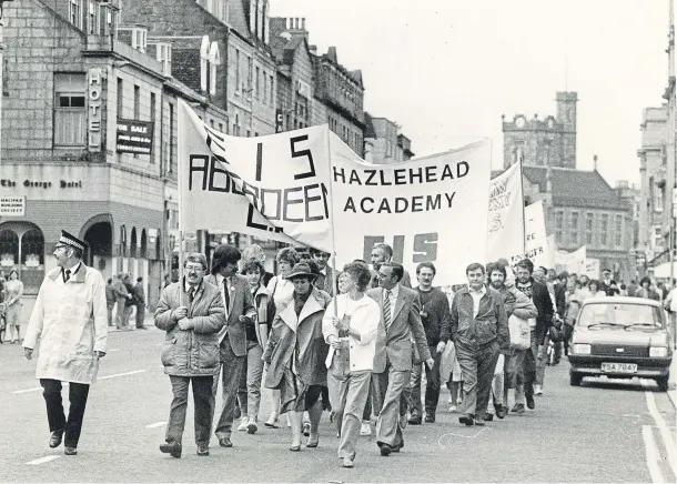  ??  ?? Striking teachers march down Union Street in September 1985 during a one-day national strike that saw a turnout of 40,000 Scots teachers