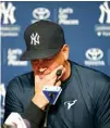  ?? Associated Press ?? New York Yankees’ Alex Rodriguez pauses as he announces during a news conference Sunday that Friday will be his last game at Yankee Stadium in New York.