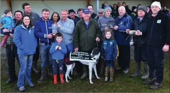  ??  ?? Mike Slattery and Ger Lynch, Marie Costello, Jonathan Best, Jer O’Rourke, Anthony Houlihan, Andrew Sheehy, John Lucid and Paddy Ferris after Paddy’s dog, Ramona Jingles, won the Hearthill Interiors Cup at Ballyduff Coursing on Sunday last