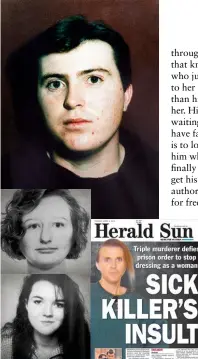 ??  ?? Clockwise from top: Paul Denyer as a young criminal; a press report five years ago of his bid to become a woman; his third victim, Natalie Russell; and his first, Elizabeth Stevens.