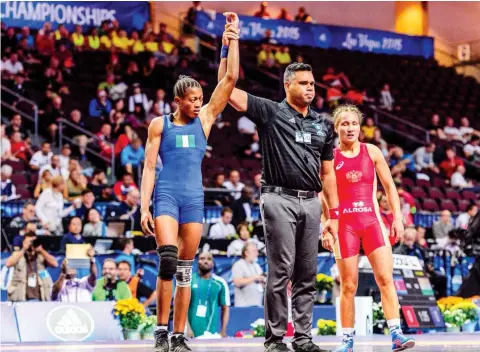  ??  ?? Odunayo Adekuoroye was declared winner in third place in the 53kg weight category at the 2015 World Championsh­ips in Las Vegas, USA.