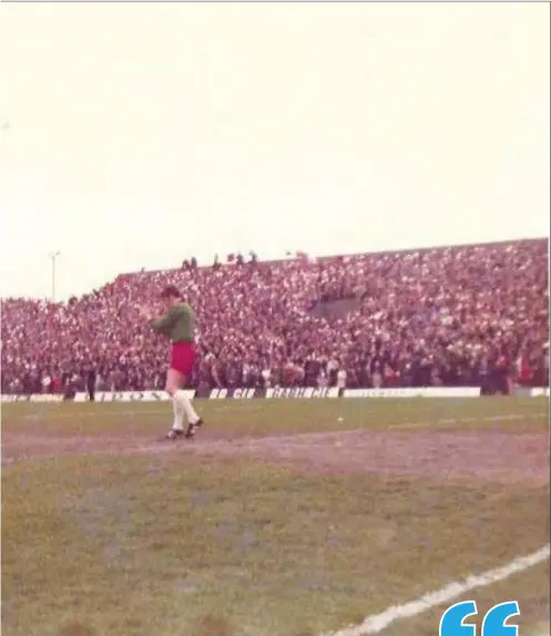  ??  ?? Tom Lally guarding the Rovers net in the 1970 FAI Cu Final at a packed Dalymount Park, Dublin against Bohemians.