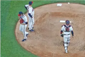  ?? AP PHOTO/ DAVID J. PHILLIP ?? Atlanta Braves starting pitcher Kyle Wright is taken out of the game during Wednesday’s first inning against the Los Angeles Dodgers in Arlington, Texas.