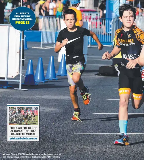  ??  ?? Vincent Young (3073) leads the pack in the junior race at the competitio­n yesterday. Pictures: MIKE BATTERHAM