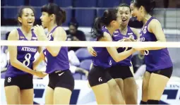  ??  ?? Led by Pauline Gaston (2nd from left), the Ateneo Lady Eagles celebrate after a scoring a point against Adamson in their UAAP women’s volleyball match yesterday at the Smart Araneta Coliseum. The Lady Eagles won in three sets. (Jay Ganzon)