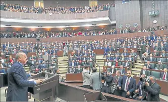  ?? REUTERS ?? Turkish President Tayyip Erdogan addresses members of parliament from his ruling AK Party during a meeting at Parliament in Ankara on Tuesday.