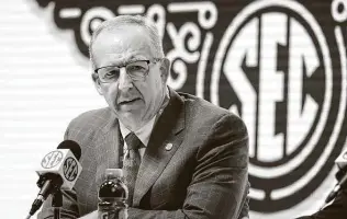  ??  ?? Southeaste­rn Conference Commission­er Greg Sankey said SEC schools will be able to bring football and basketball players back to campus for voluntary activities starting June 8.