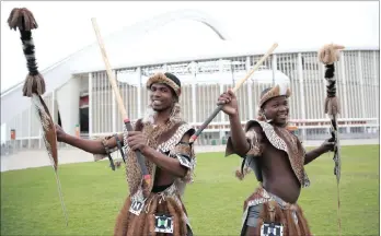  ?? PICTURE: DOCTOR NGCOBO ?? AMABUTHO: Zulu warriors, Mzwandile Mpungose and Phakamani Mthembu are all set to celebrate the 200th anniversar­y of the Zulu nation at Moses Mabhida Stadium today as part of the country’s Heritage Day celebratio­ns