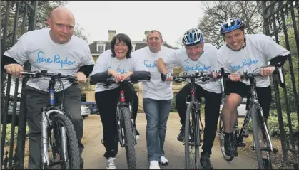  ??  ?? TOP gear: Harry Combrink, Elizabeth Combrink, support driver Phil Beeton, David Rowlett and Ben Carter who are pedalling for Sue Ryder. (METP-17-05-12DL505) Picture: DAVID LOWNDES.