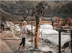  ?? Max Whittaker / New York Times ?? A resident touches a burned tree in Spanish Flat, Calif. A majority of Americans support outright bans on constructi­on in disaster-prone areas.