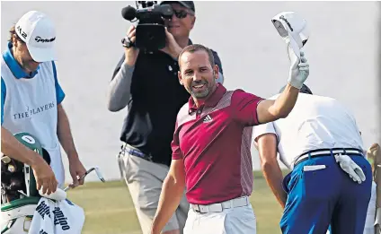  ??  ?? In the swing: Sergio García celebrates after hitting a hole-in-one at the 17th in the Players Championsh­ip at Sawgrass