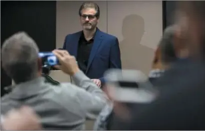  ?? MATT ROURKE — THE ASSOCIATED PRESS ?? Former Flyers general manager Ron Hextall speaks with members of the media during a news conference in Voorhees, N.J., Friday, four days after he was relieved of his duties.