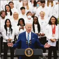  ?? Evan Vucci / Associated Press ?? President Joe Biden speaks during an event with the Tokyo 2020 Summer Olympic and Paralympic Games, and Beijing 2022 Winter Olympic and Paralympic Games, on the South Lawn of the White House Wednesday in Washington.